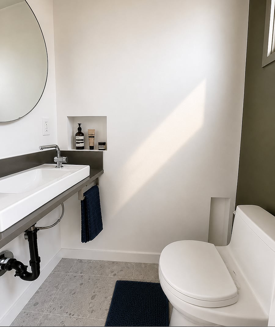 Bright modern bathroom with clean minimalist design, natural light, and calming green accents inspired by the trees just outside the window to create a peaceful spa-like atmosphere.