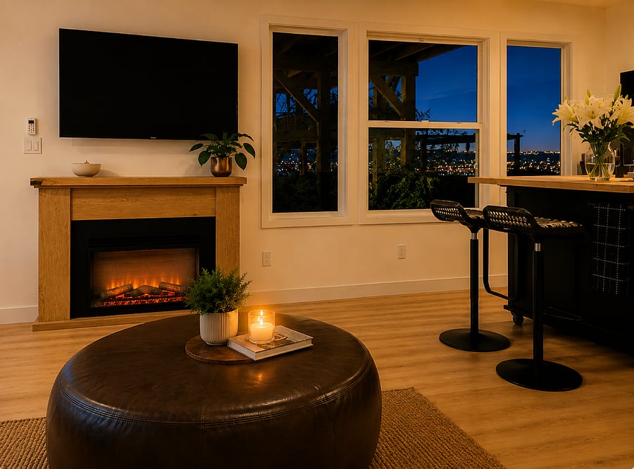 Cozy light-filled living space with warm evening ambiance to watch peaceful city light views.