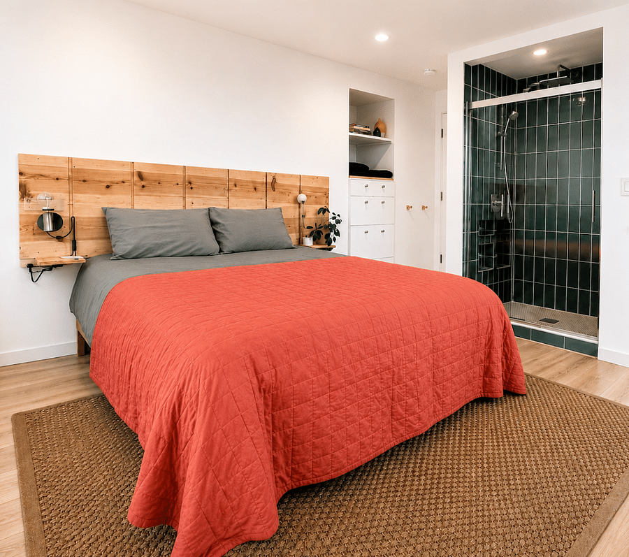 Built with soundproofing and blackout blinds, this peaceful bedroom is designed for restful sleepso you can wake up refreshed, no matter your schedule.