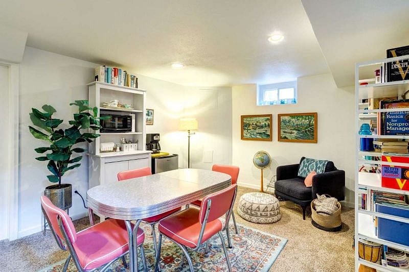 Basement dining area with mini-fridge, microwave
