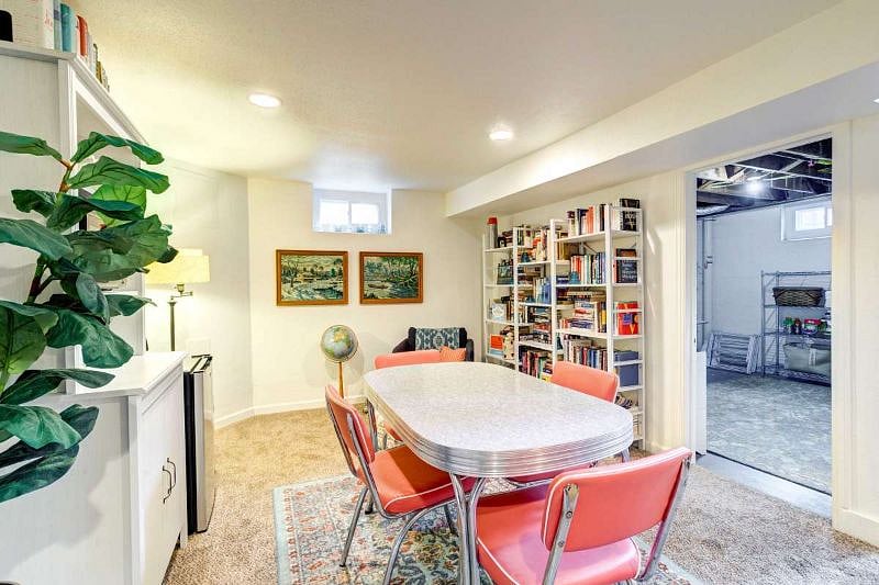 Basement dining area with mini-fridge, microwave