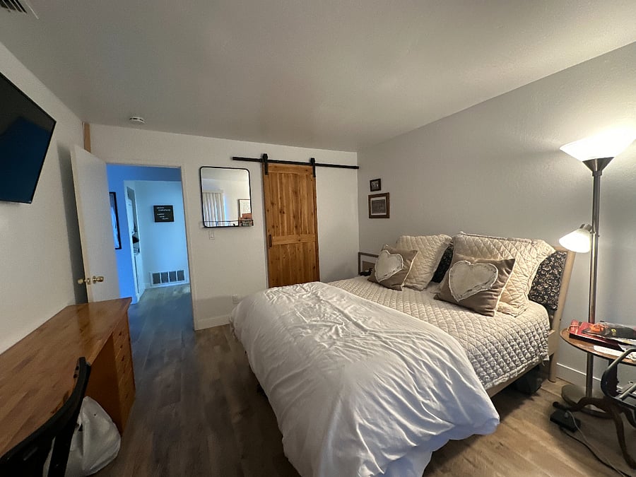 Queen Bed, Walk in Closet and TV