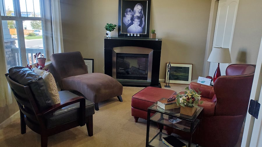 Main floor front living area / technically a bedroom with closet but used as a den