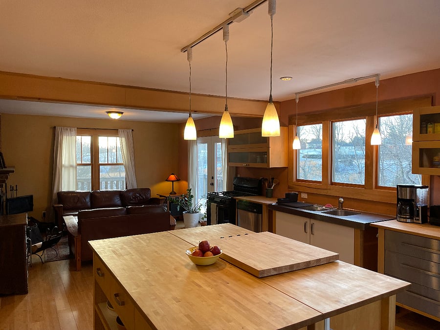 Sunny open kitchen.