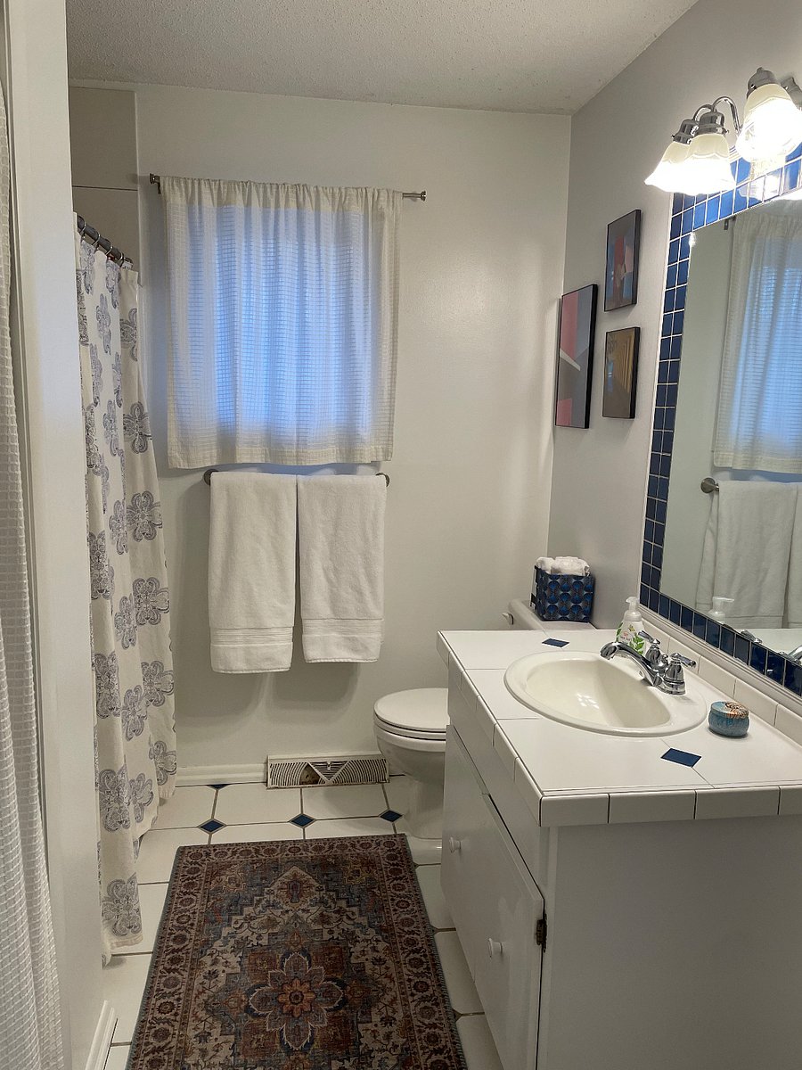 Shower bathroom attached to full bedroom.