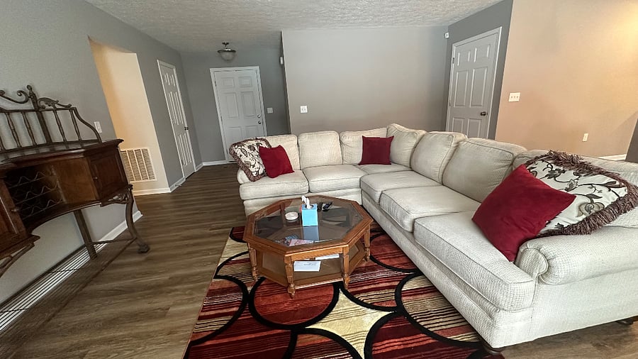 Clean and comfortable sectional in open concept great room