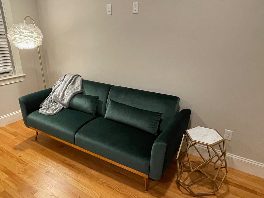 "Yes, I am an emerald green velvet couch! "