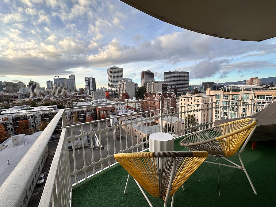 Balcony off of the two bedrooms looking towards downtown Oakland. The bedrooms are very quiet in the back of the building.