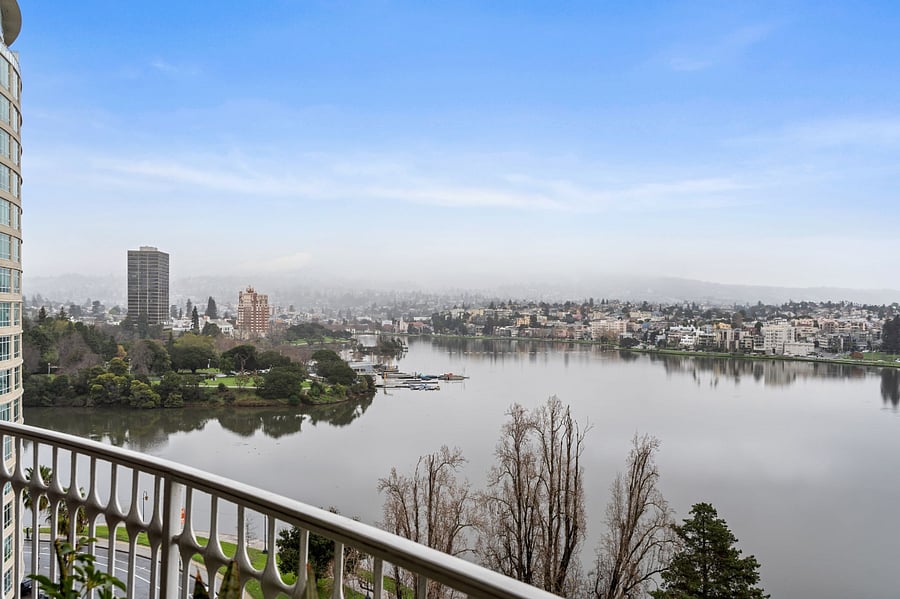 Front balcony views looking over Lake Merritt towards the east bay hills.