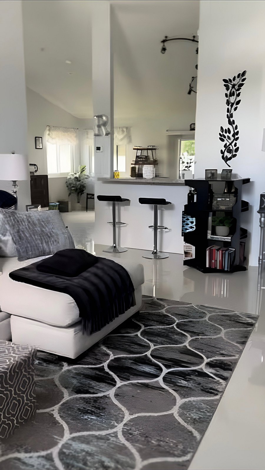 Spacious living room area with cathedral ceilings