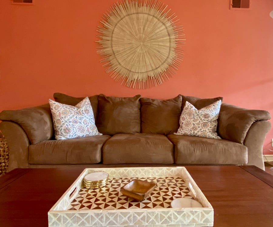 Living room with double sofa bed and coffee table.
