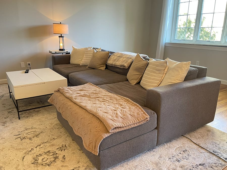 Comfy couch with coffee and end tables