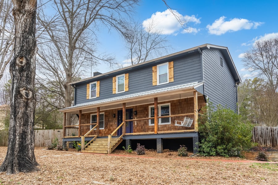Angled front view , covered porch