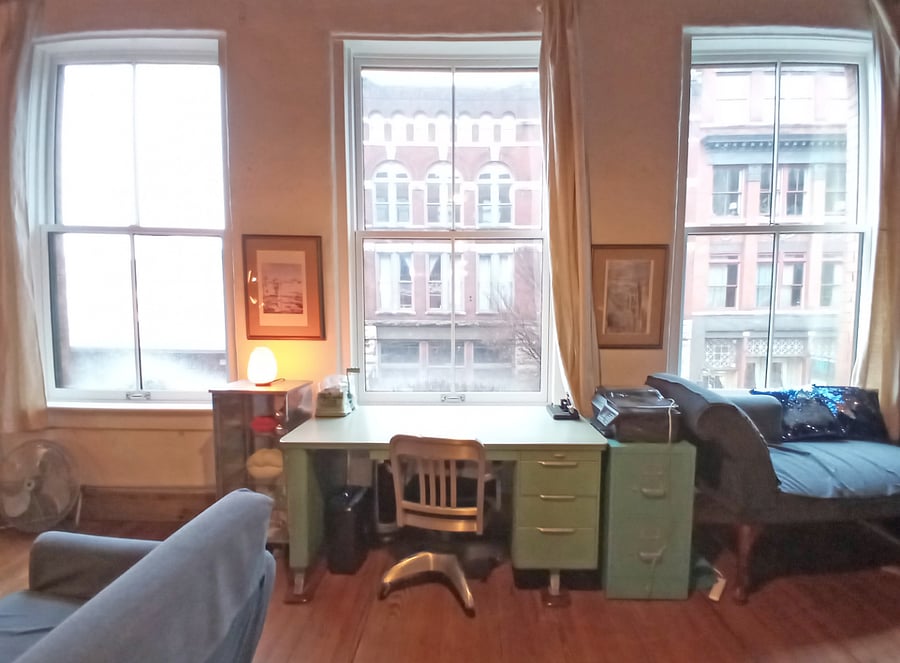 Take pleasure in the recently installed custom windows that flood the space with abundant natural light, offering a delightful vantage point to observe the lively downtown city life passing by.