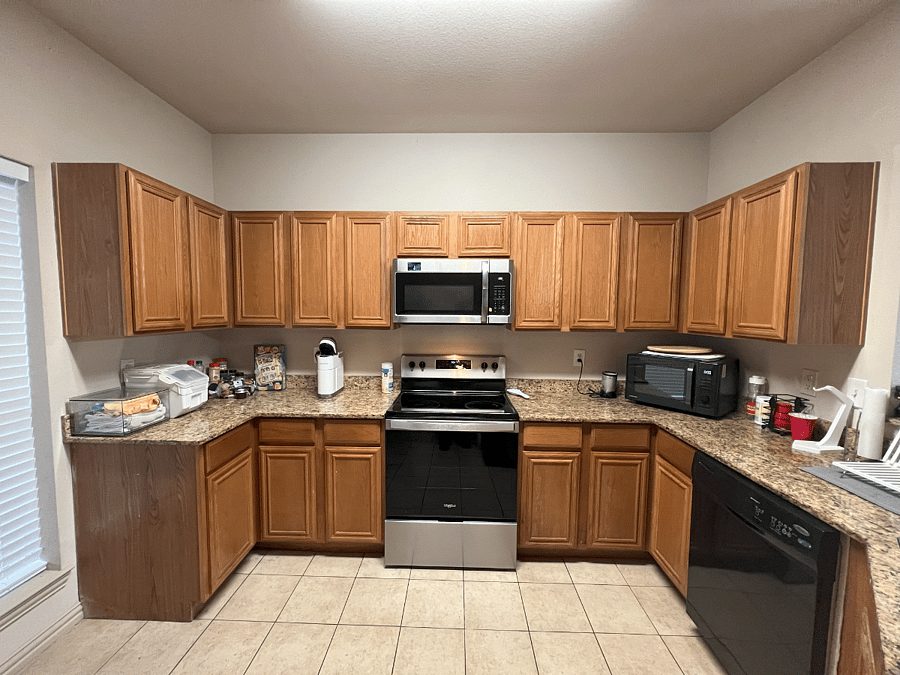 Kitchen with Microwave (Air Fryer), Stove, Dishwasher, and assigned Cabinet space. 