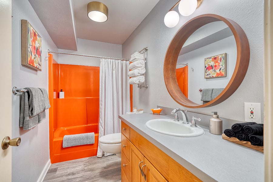 We embrace the Orange bathtub and have made this space eclectic and cozy just for our guests!! Hoping this space is comfortable and equipped for you to feel good every morning when you prepare for your busy day!