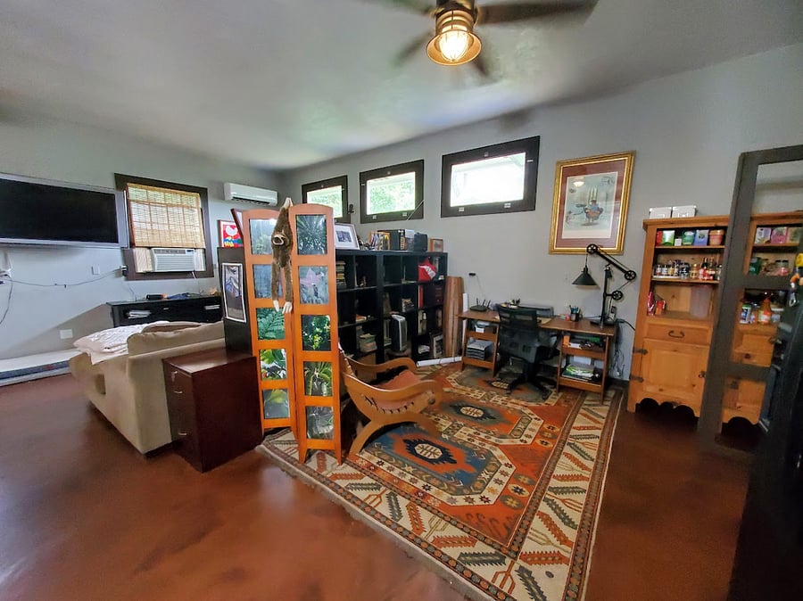 bookshelves and office area