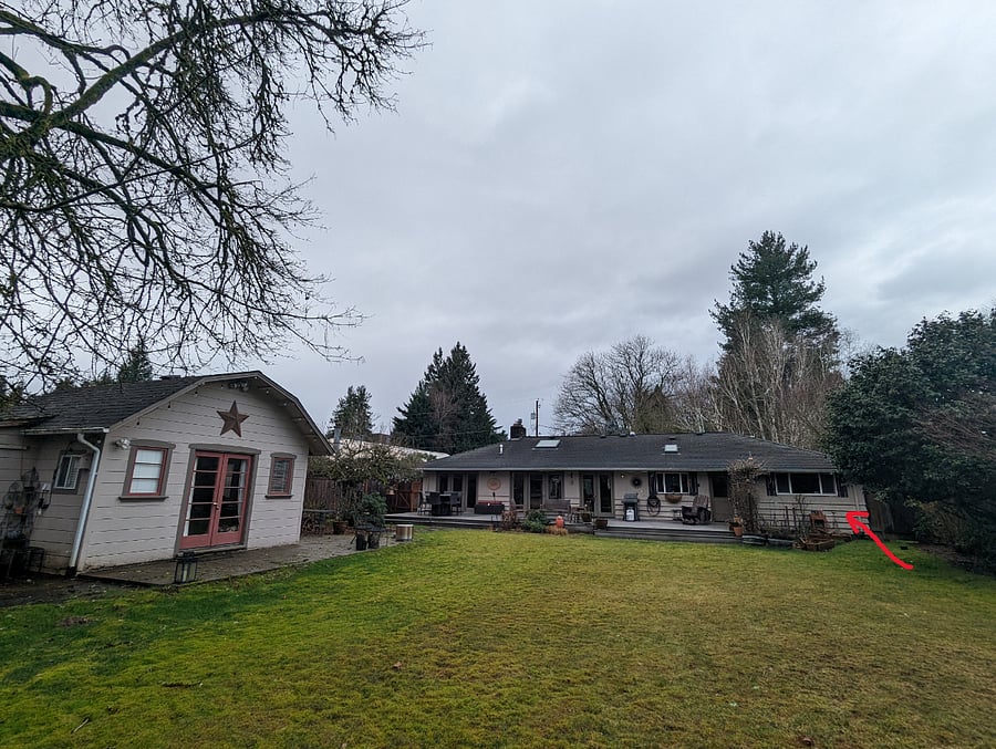 View from the creek north. Your bedroom is indicated by the red arrow.