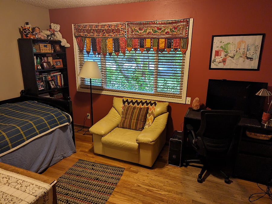 Shared bonus room with office, 30 inch Monitor, Printer, Closet, Bed, Dresser, and comfy seating. 