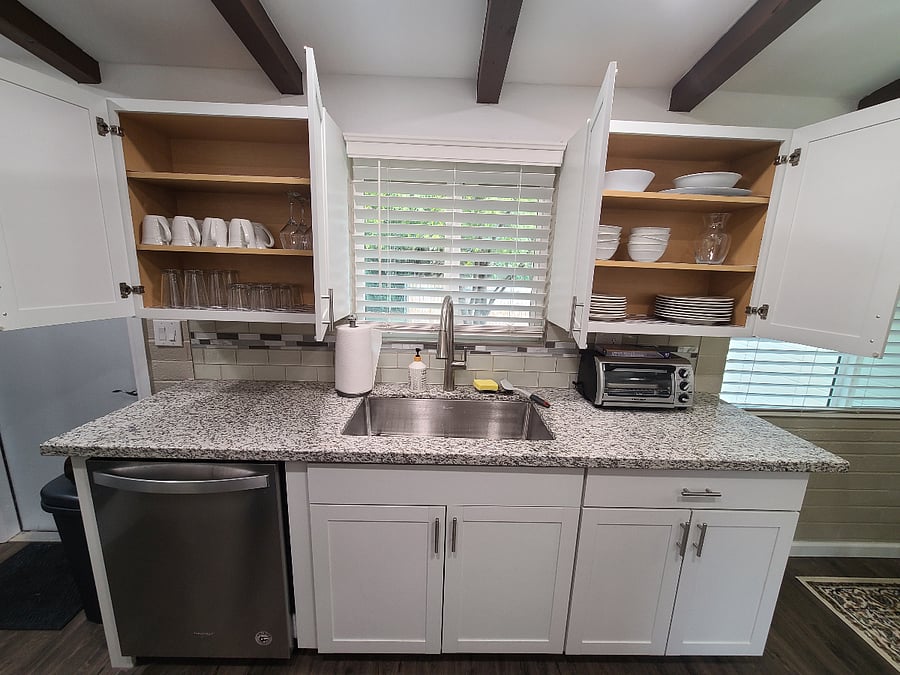 Our well-stocked kitchen has everything you need to prepare meals at home. 