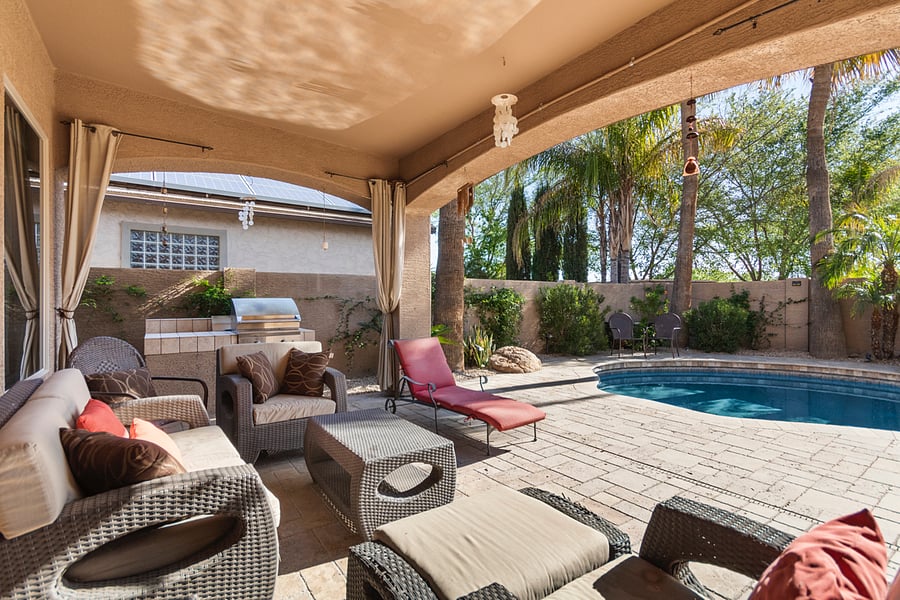 Outdoor space and includes an outdoor fireplace.