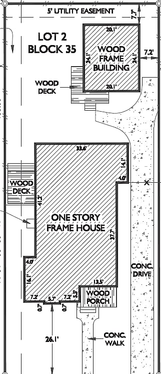 The guest cottage is in the back of the main house.  It is the small structure at the top of this survey.