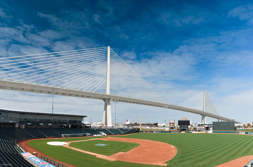 Drive over the new Corpus Christi bridge (photo credit to Flatiron-
Artist rendering of new Corpus Christi Harbor Bridge rising over Whataburger Field, home of the Corpus Christi Hooks minor league baseball team).