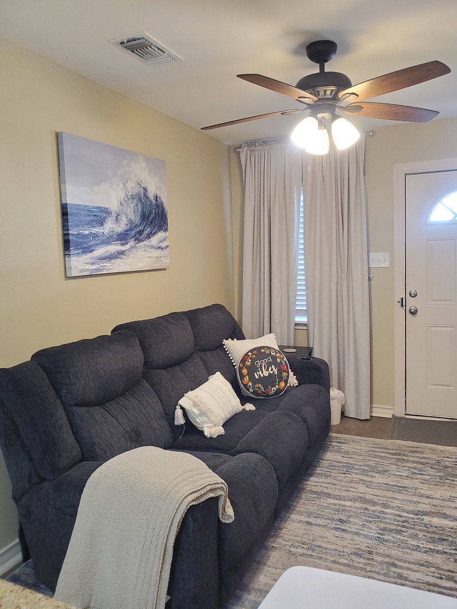 Relax on the comfortable couch.