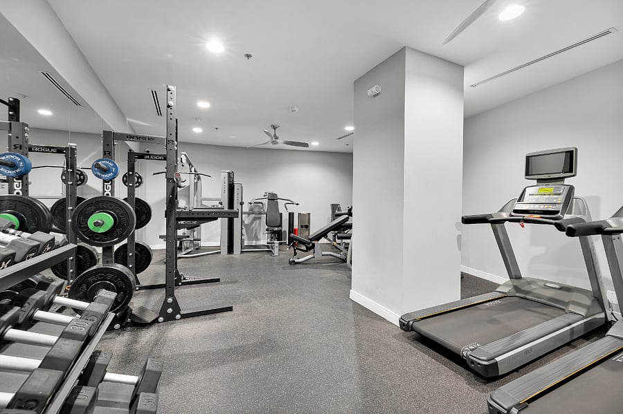 Squat rack, free weights, cardio machines, and upperbody and lowerbody machines available for 24/7 use by tenants