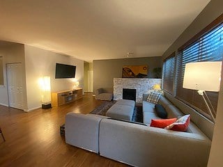 Large TV room with 70 inch smart TV and wifi.  Gas fireplace.