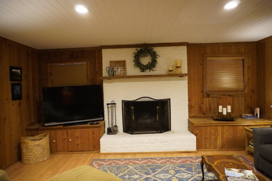 Wood burning fireplace and flat screen tv with Roku
