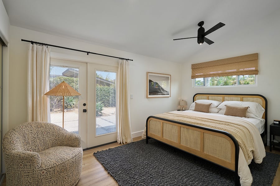 Master bedroom with California king size bed.