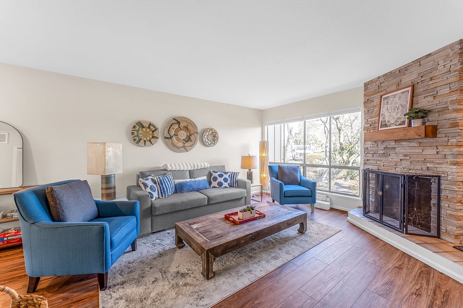 Comfortable living room with Room and Board pullout couch, wood-burning fireplace, and large smart TV.