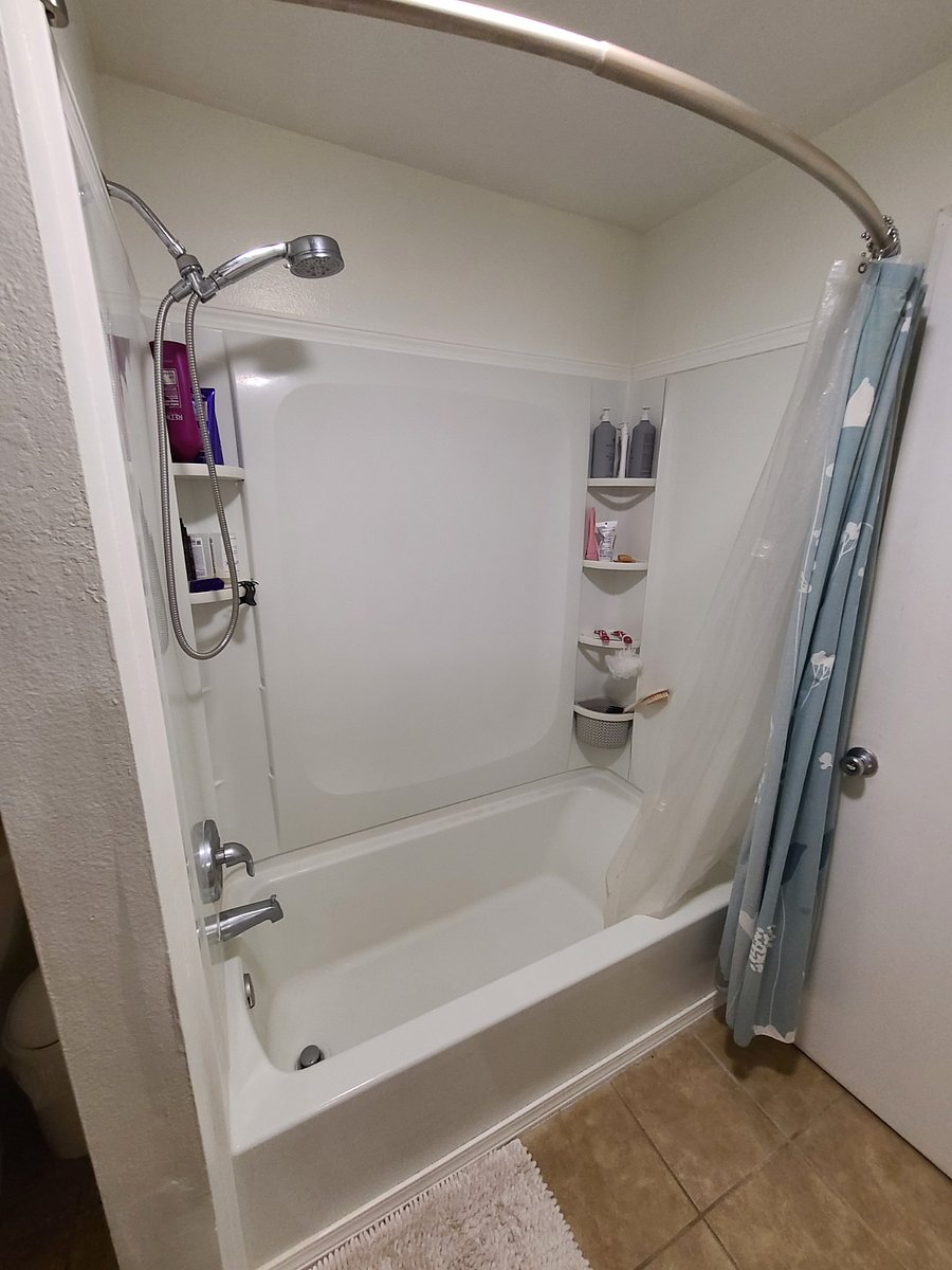 One to two shower shelves will be added to accommodate travelers shower items. Brand new shower installed just one year ago and professionally cleaned.