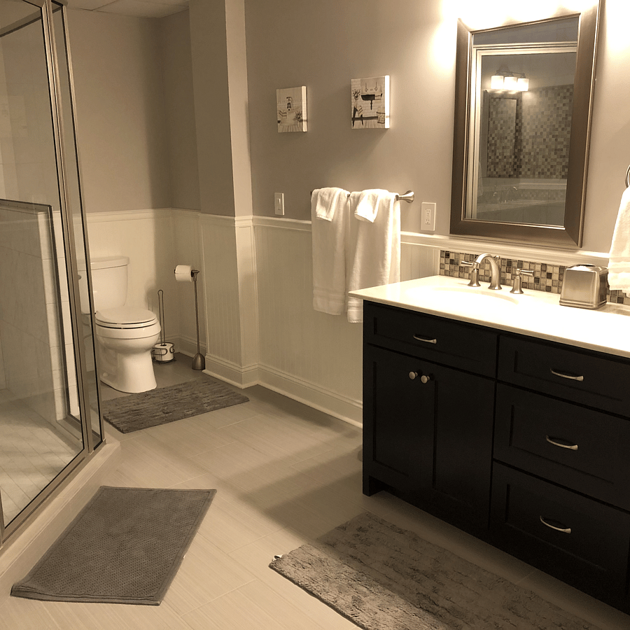 Master bathroom with large shower and double vanity