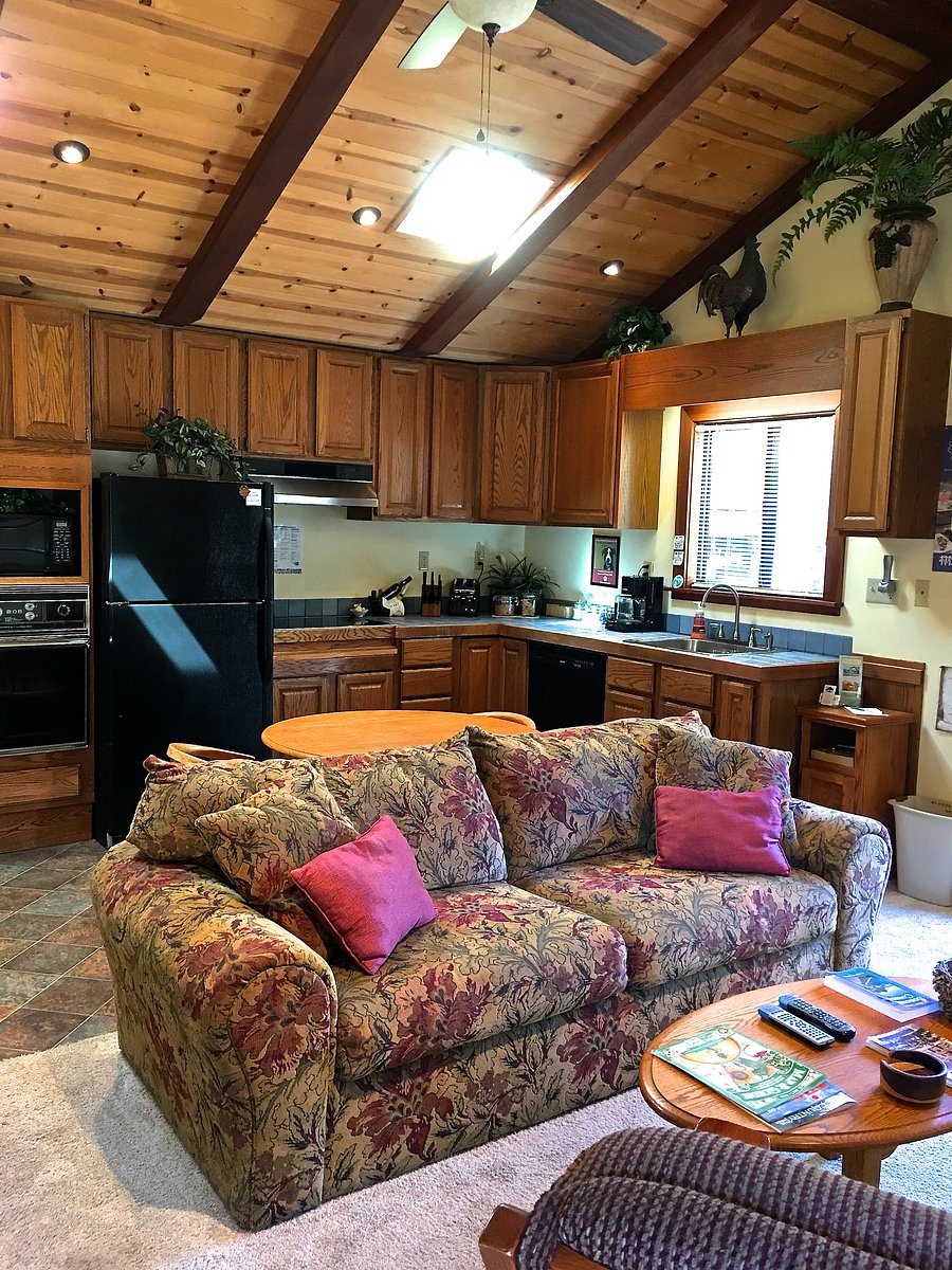 Interior LR and Kitchen with vaulted ceiling and skylights.