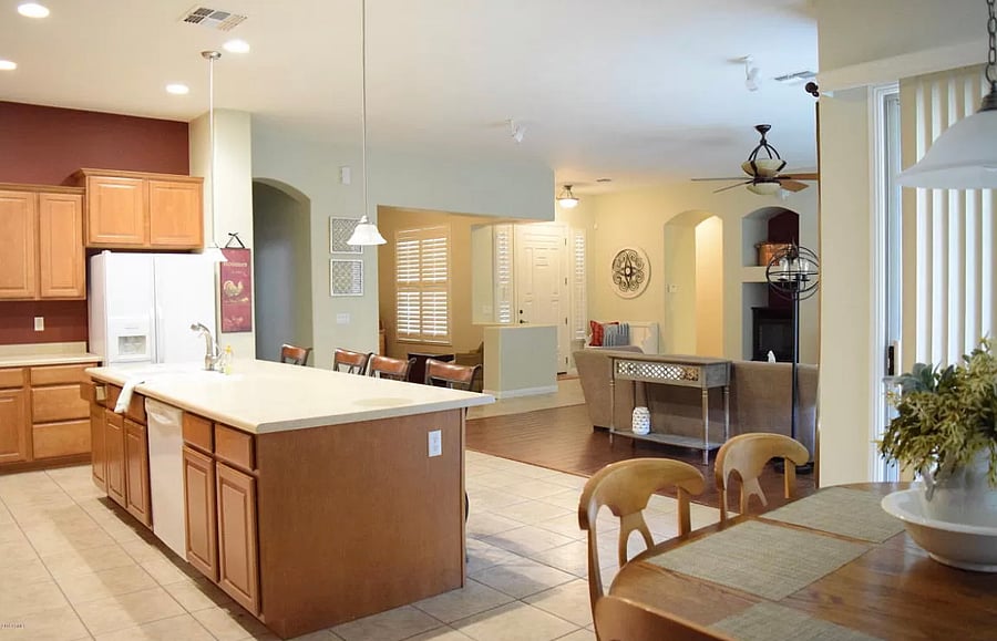 Kitchen, living area, and front entrance