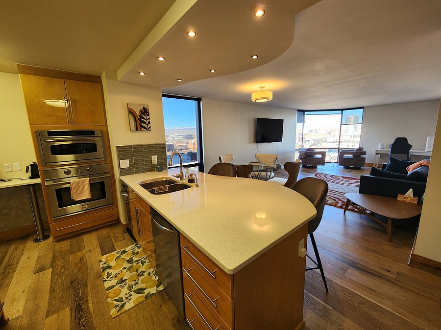 View from kitchen to dining area and living room