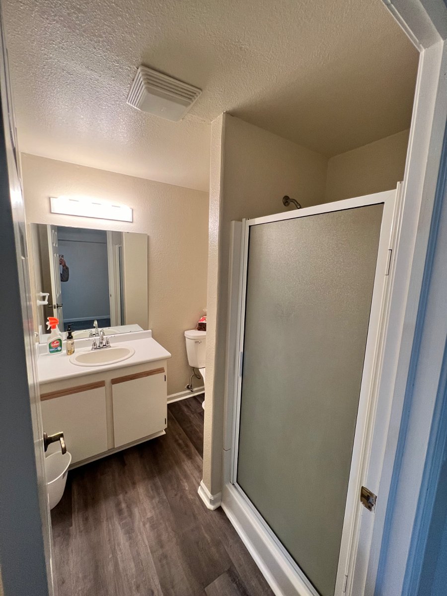 Basement bathroom with shower.