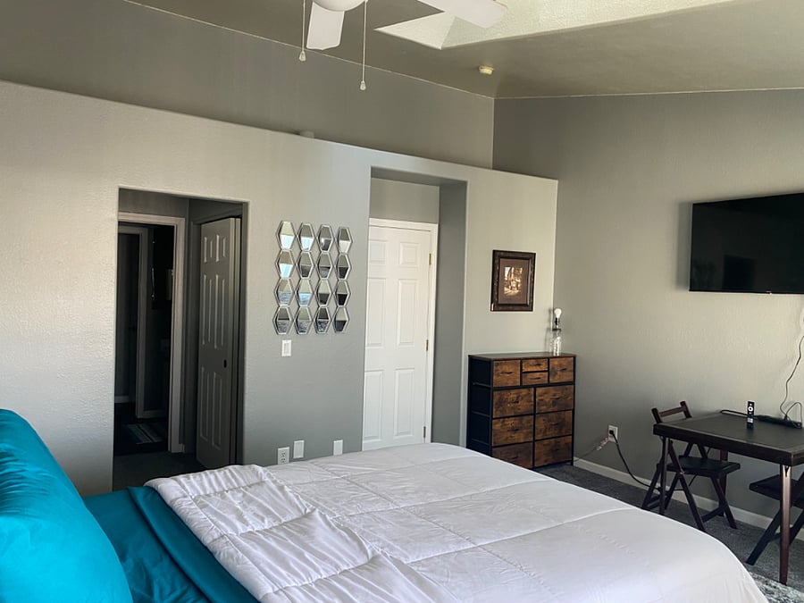 Master bedroom with en suite bathroom. Bedroom has a door lock and key.