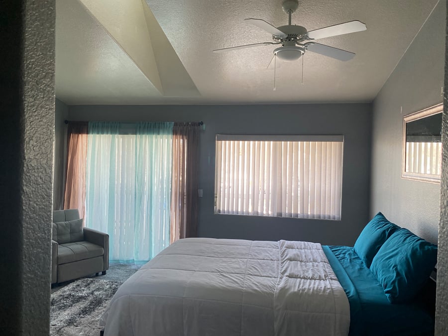 Master bedroom with en suite bathroom. Bedroom has a door lock and key.