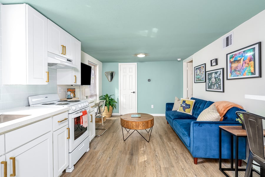 Kitchen and living room.