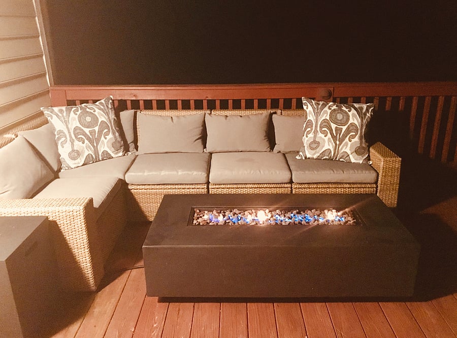 Outdoor sofa and fire table. Perfect for Spring, Summer, Fall, Winter.. all seasons! 