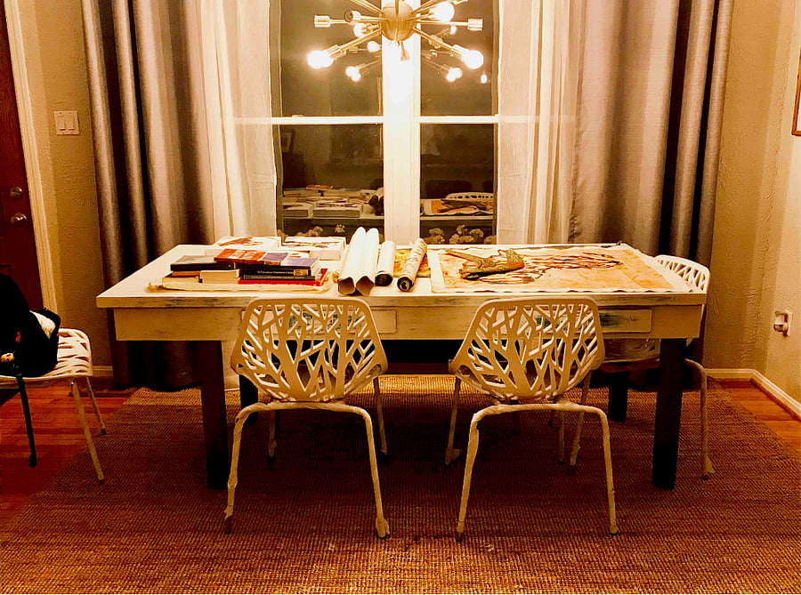 Dining table with designer (very comfortable) "Birdnest" chairs and upholstered bench on the other side under the window
