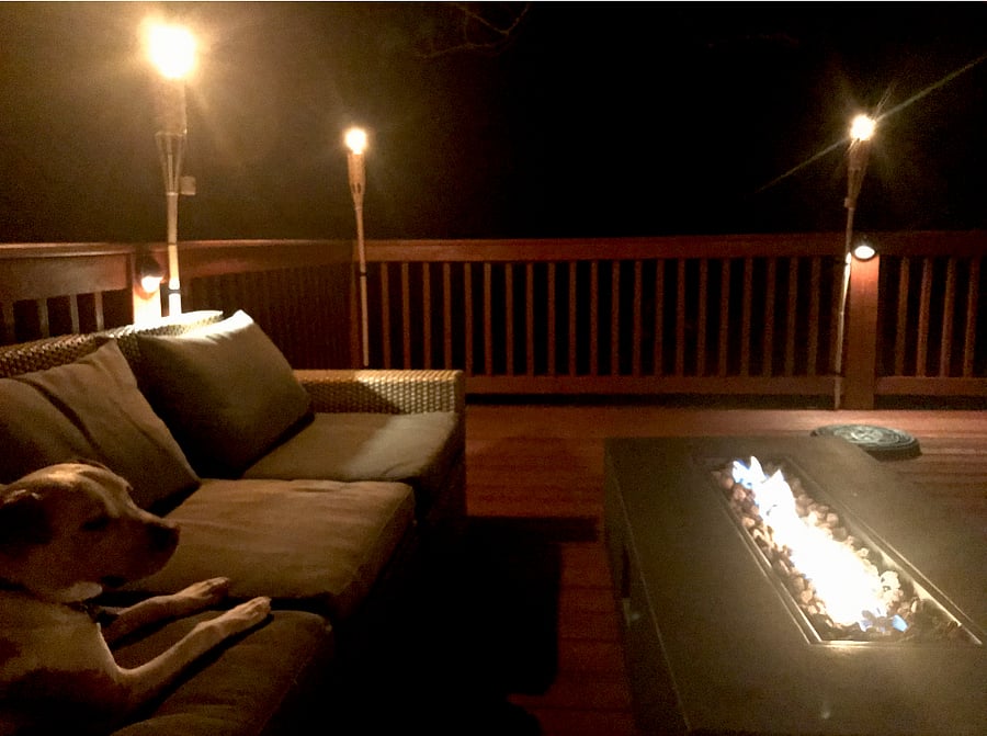Deck at night with fire table (dog not included :)