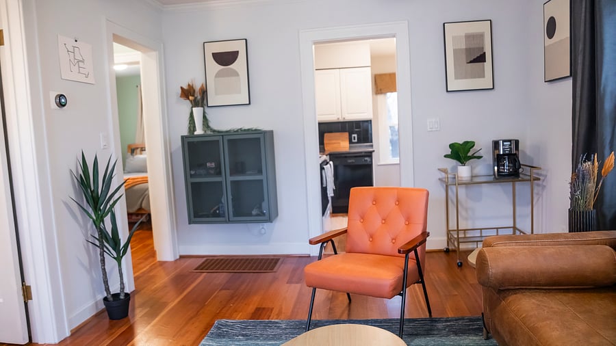 Living room. Coffee/wine bar nook and storage cabinet.