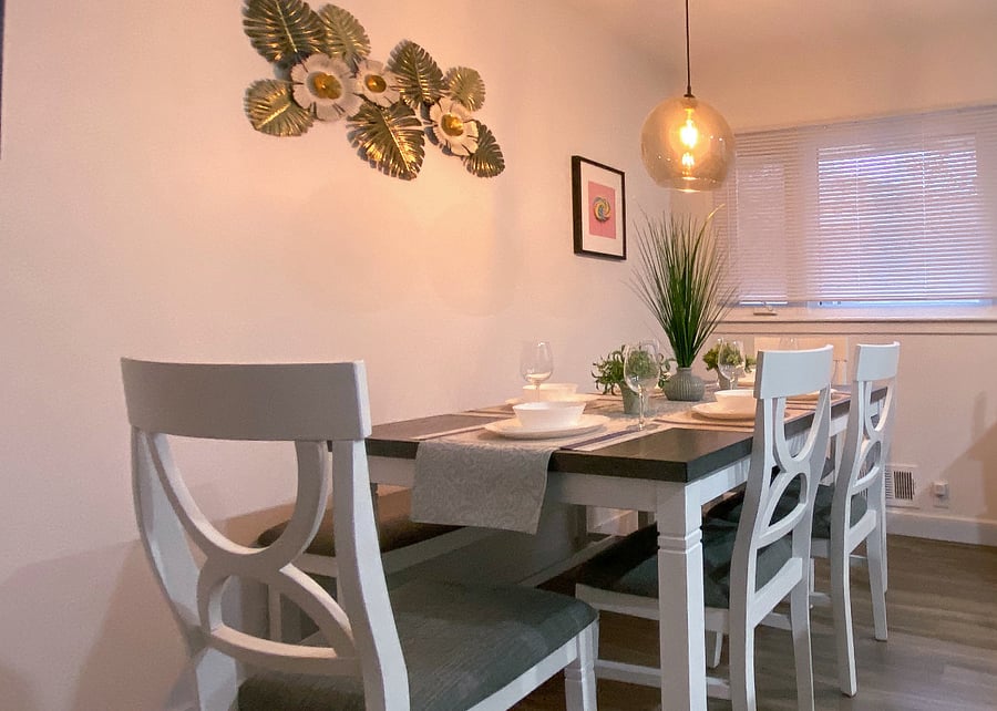 Dining seating for six with 4 chairs and bench