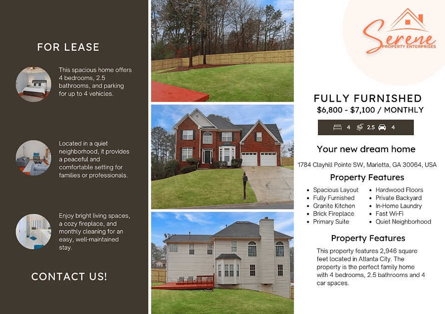 Fully furnished 4BR retreat in a quiet, peaceful neighborhood. Features a welcoming foyer, elegant living spaces, cathedral ceilings, and a cozy fireplace. Ideal for short- or mid-term stays with monthly cleaning included.