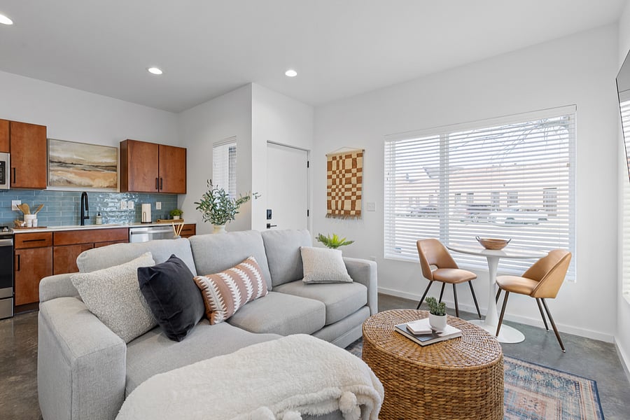 First floor kitchen, living and dining.