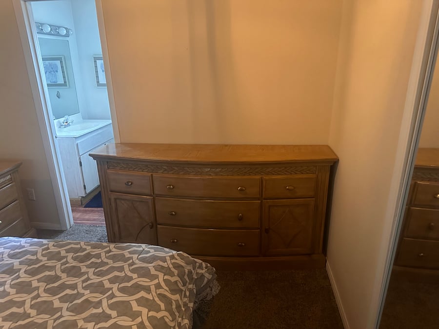 Full size dresser, nightstands, armoire with drawers and closet. Plenty of room for clothes.  
